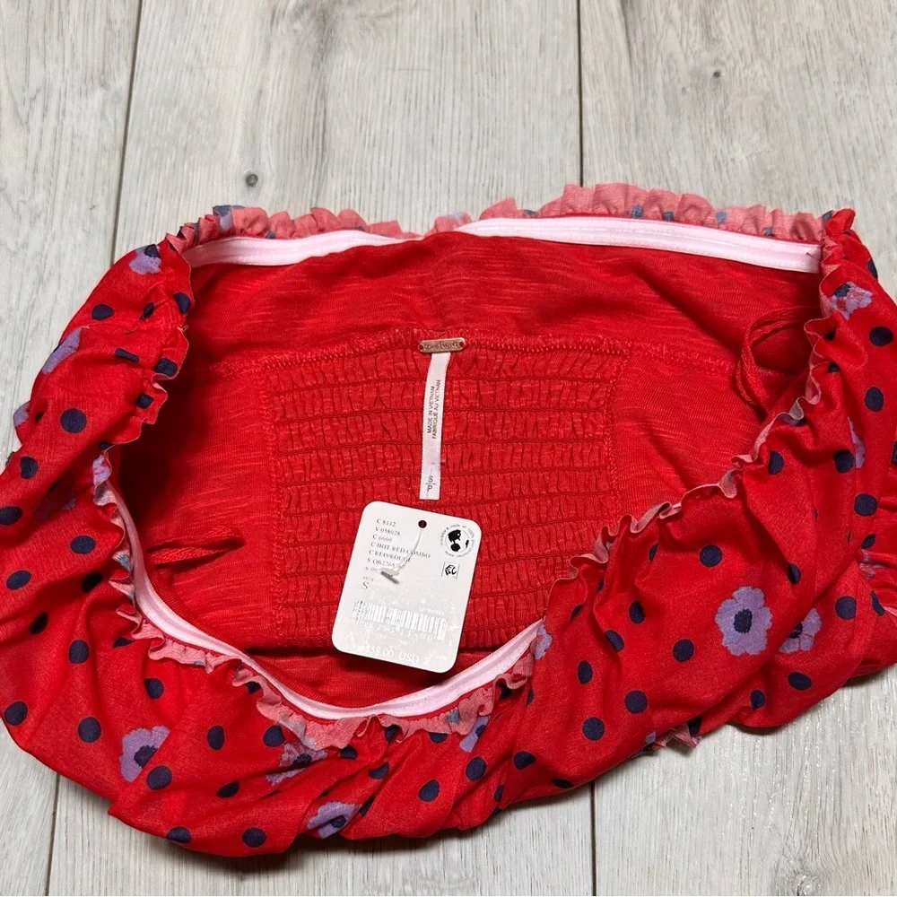 New With TagsFree People Hot Red Polka-dot Floral Ruched Crop Top